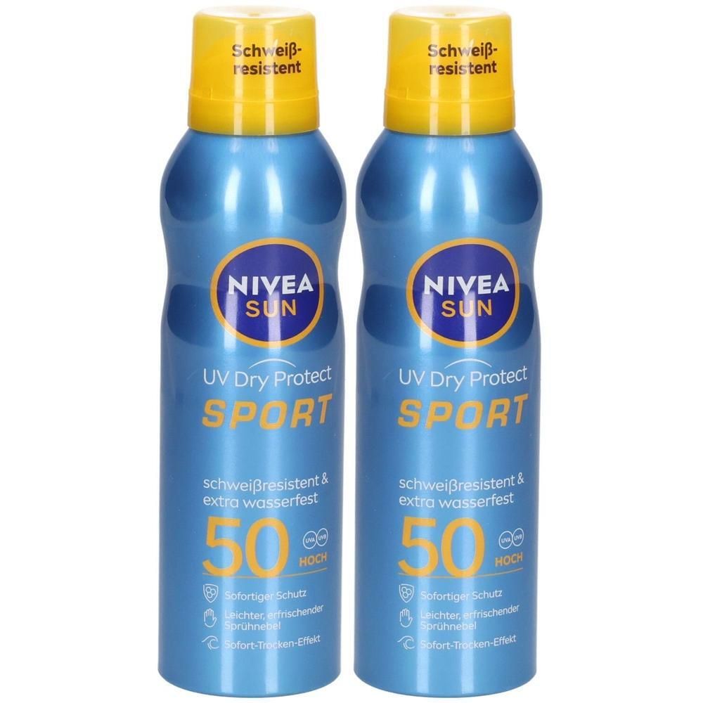 Zwei NIVEA SUN UV Dry Protect Sport Sonnensprays, LSF 50, schweißresistent und wasserfest.