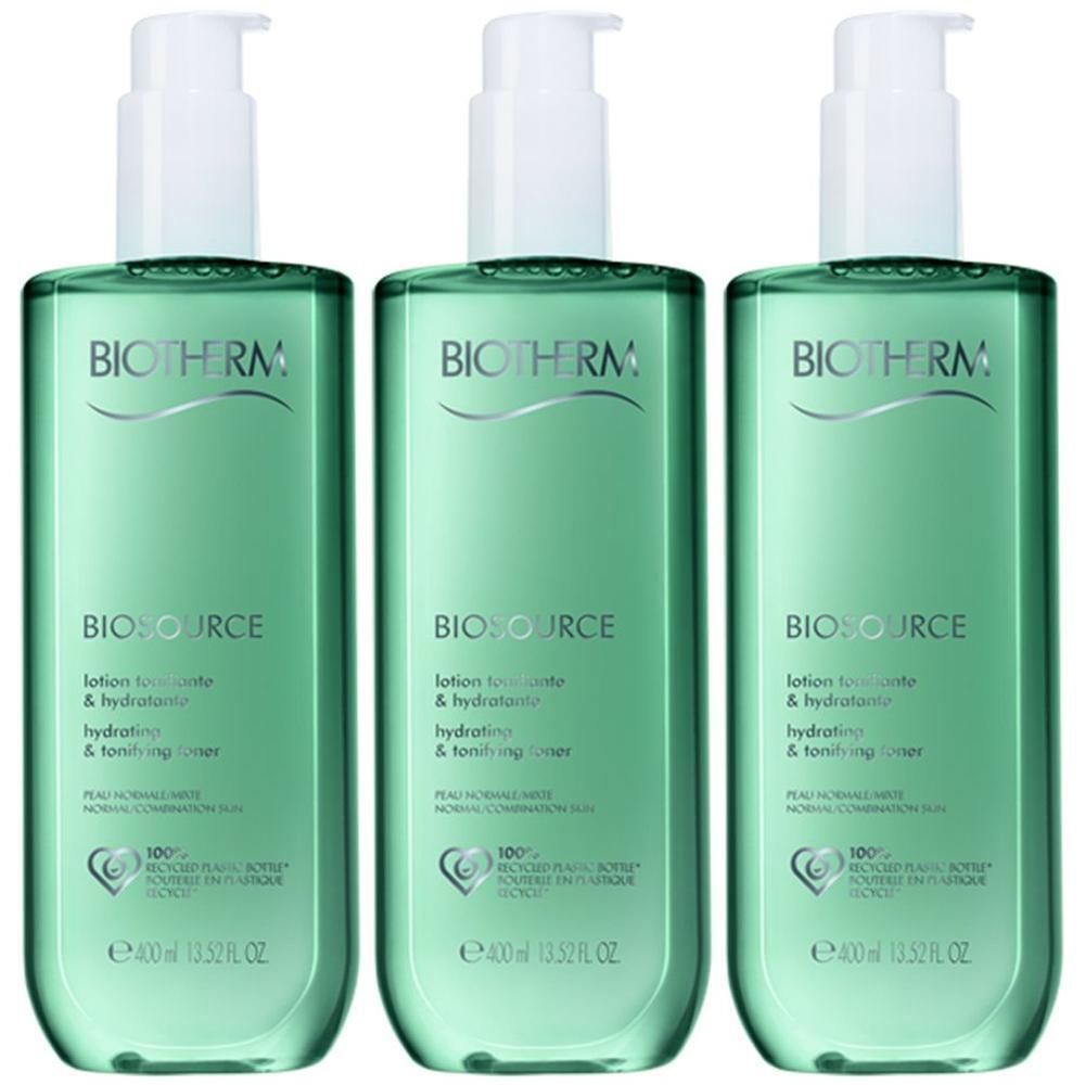 Drei Flaschen BIOTHERM Biosource Gesichtsreinigung mit Pumpspendern. Grüne Flaschen mit weißem Etikett.