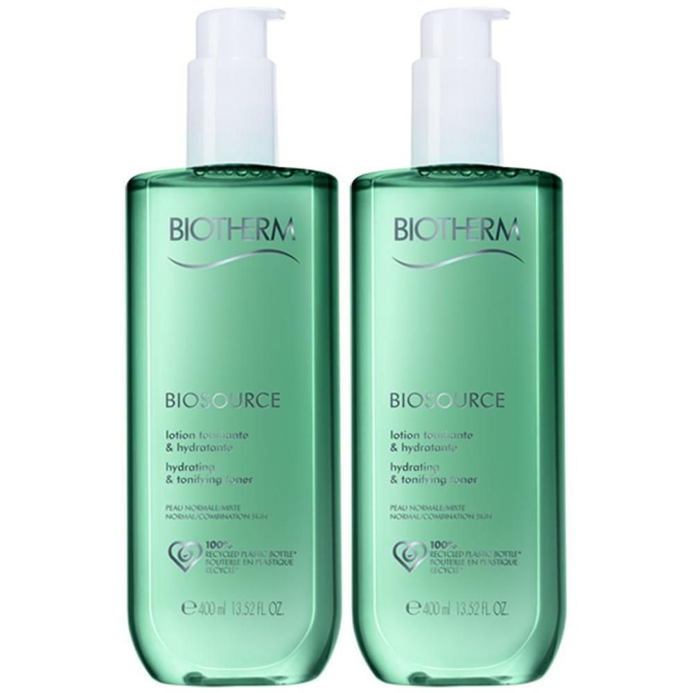 Zwei BIOTHERM Biosource Lotionen mit Pumpverschluss, je 400ml. Grüne Flaschen mit weißem Etikett.