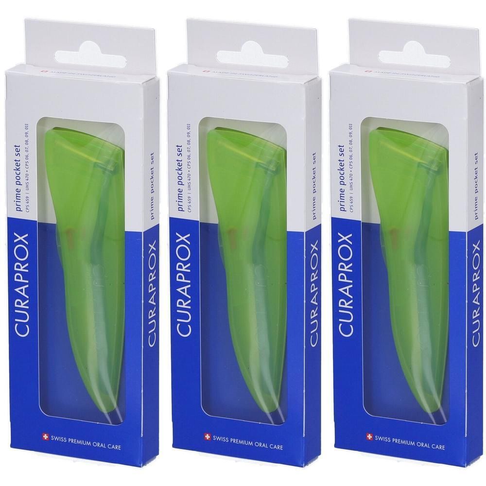 Drei Curaprox Prime Pocket Sets in grüner Transparenz, verpackt in weißen Kartons mit blauer Schrift.