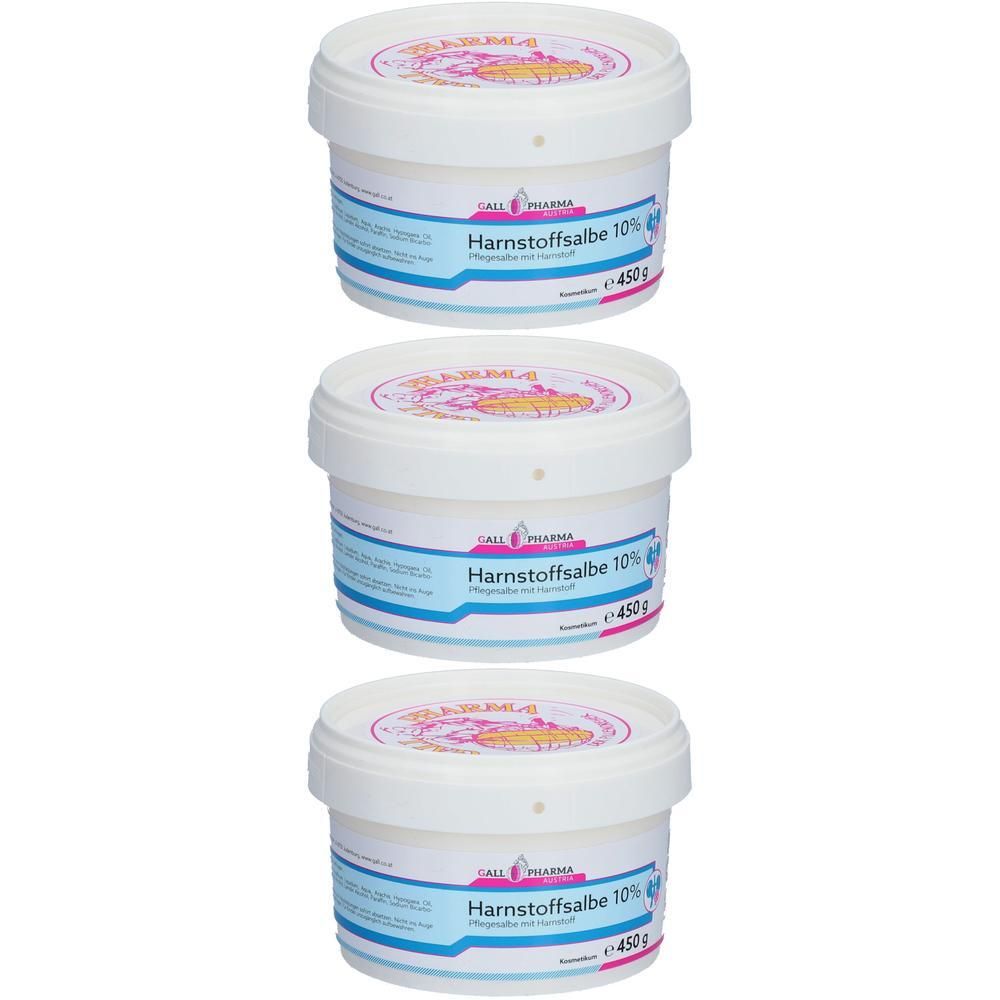 Drei weiße Tiegel mit Harnstoffsalbe 10%. Jede Packung enthält 450g.