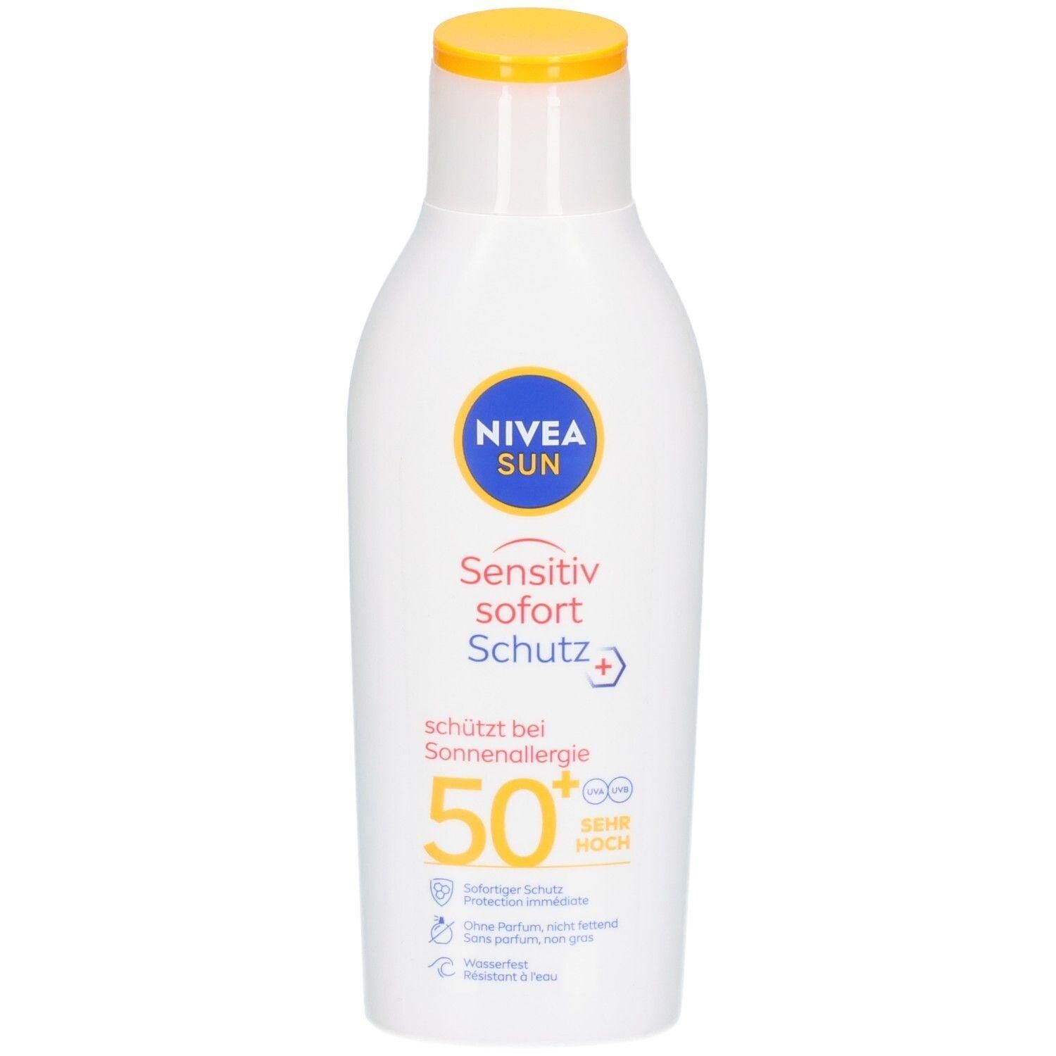 Nivea Sun Sensitiv Sofort Schutz LSF 50 Flasche mit gelbem Deckel. Schützt bei Sonnenallergie.