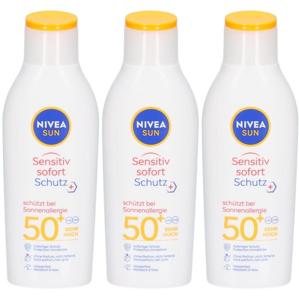 Drei NIVEA SUN Sensitiv Sofort Schutz LSF 50 Flaschen mit gelben Verschlüssen. Schutz bei Sonnenallergie.