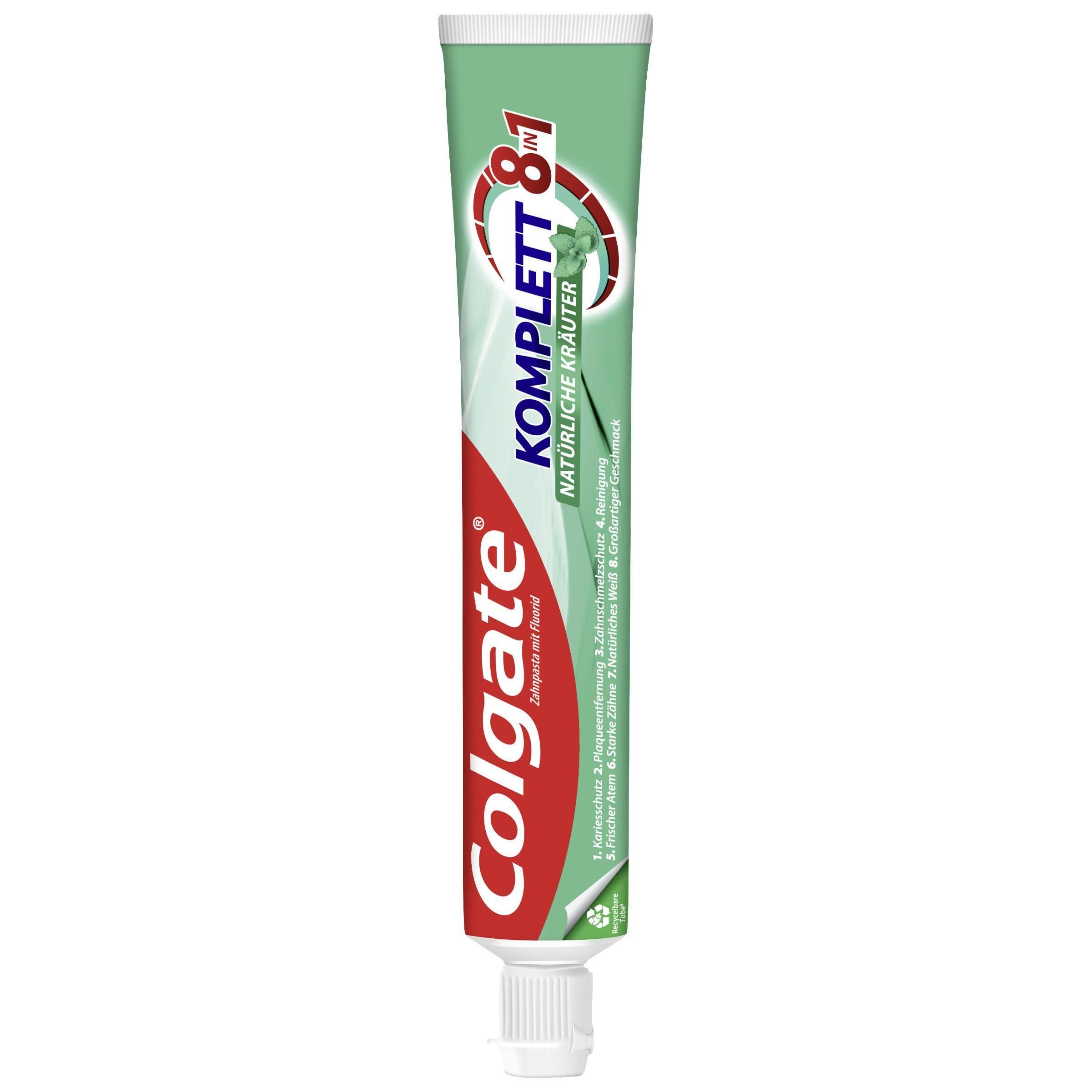 Colgate Komplett 8in1 Natürliche Kräuter Zahnpasta Tube mit weißem Verschluss. Grüne und weiße Verpackung mit Kräuterdruck.