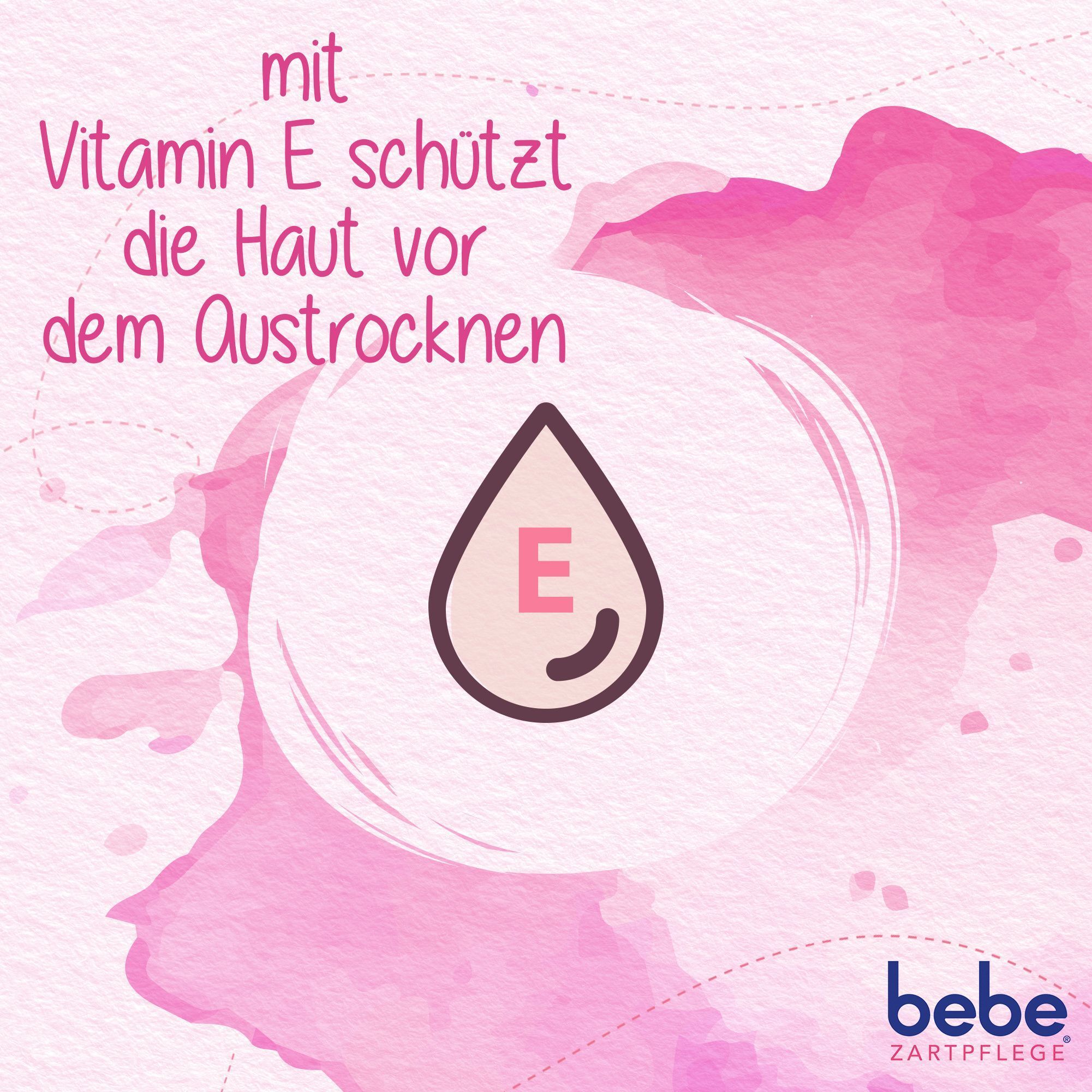 Ein Tropfensymbol mit 'E' und Text über Vitamin E zum Hautschutz.