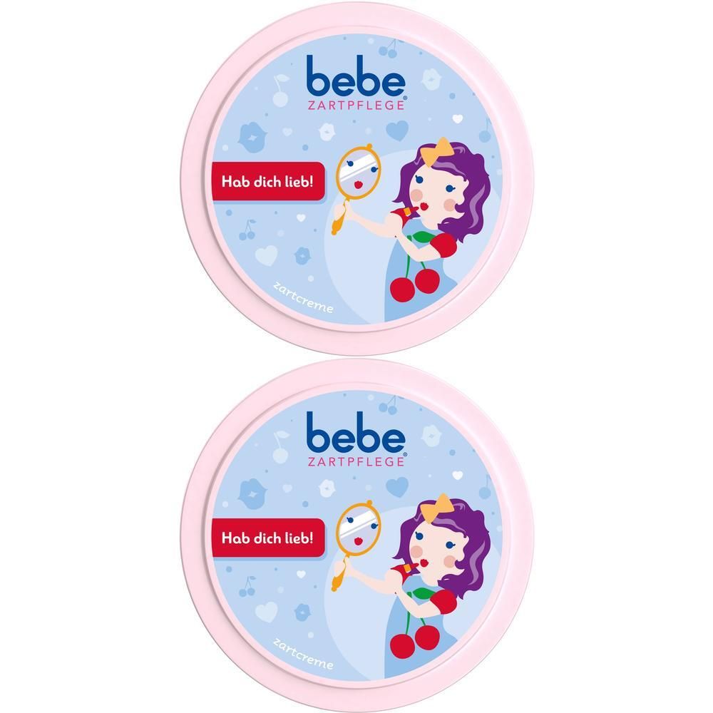 Zwei runde Bebe Zartpflege Dosen mit rosa Deckel und kindlicher Illustration.