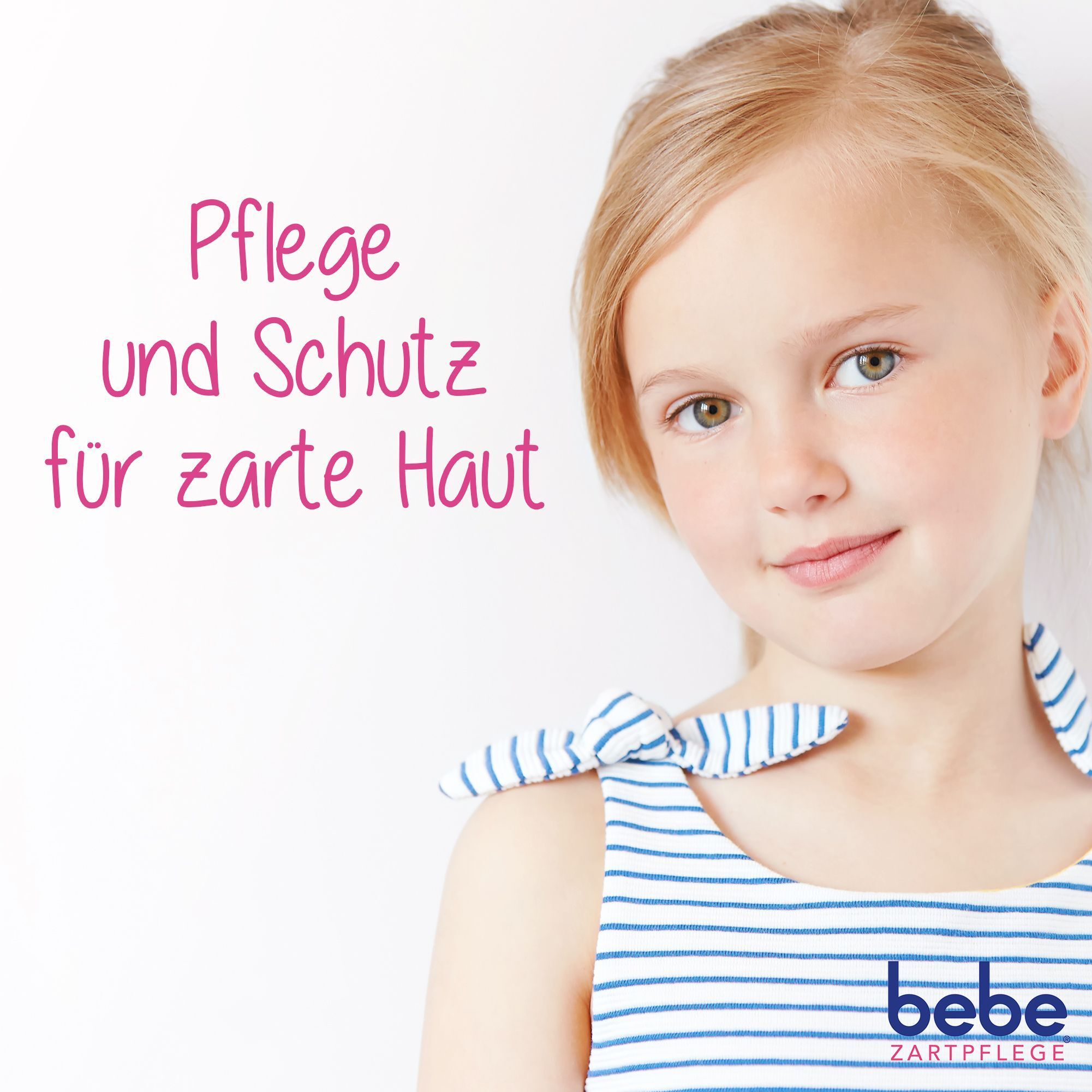 Ein lächelndes Mädchen mit Streifenoberteil, daneben der Text 'Pflege und Schutz für zarte Haut'.