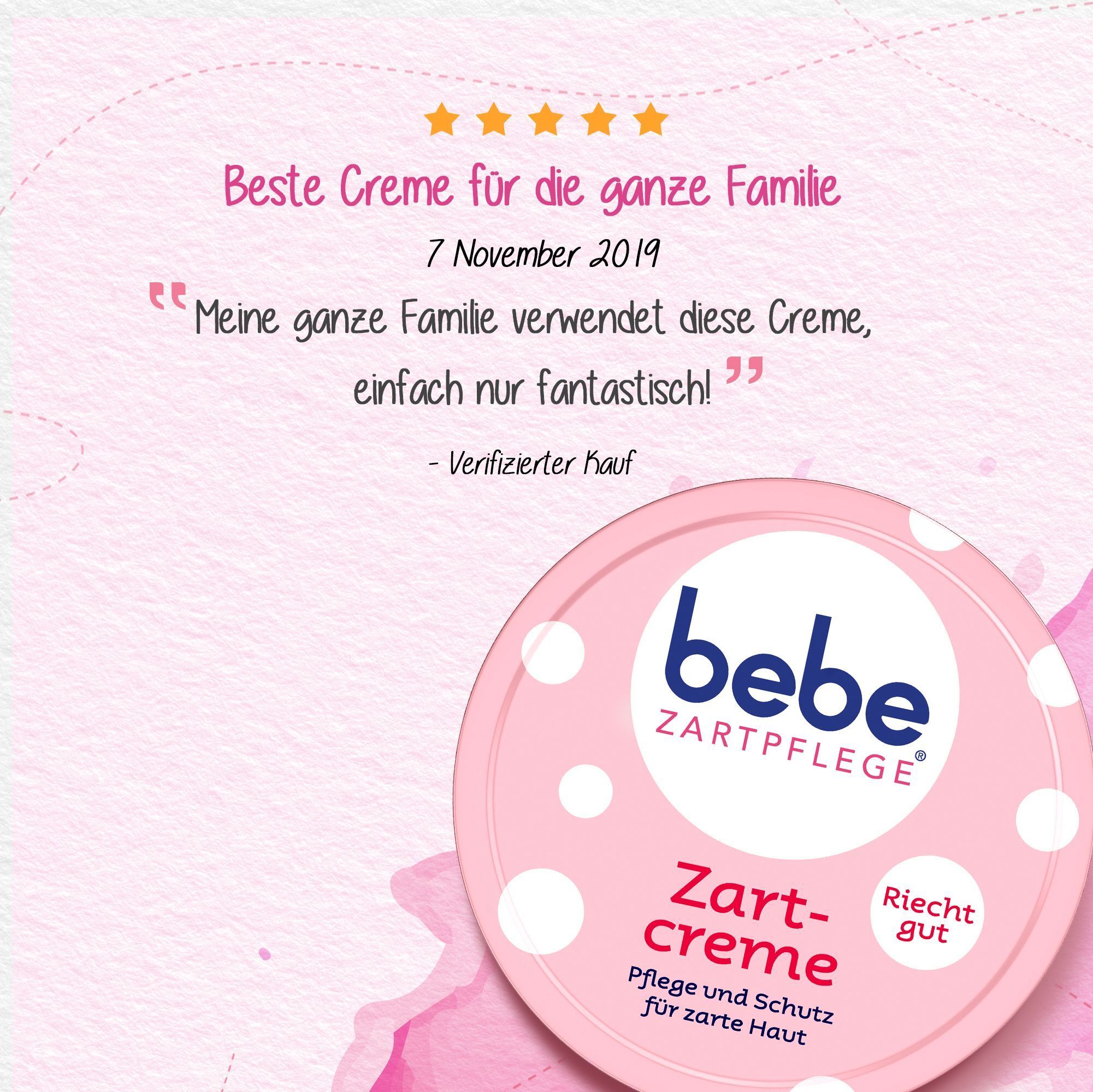 Bebe Zartcreme Dose mit Kundenbewertung 'Beste Creme für die ganze Familie'.