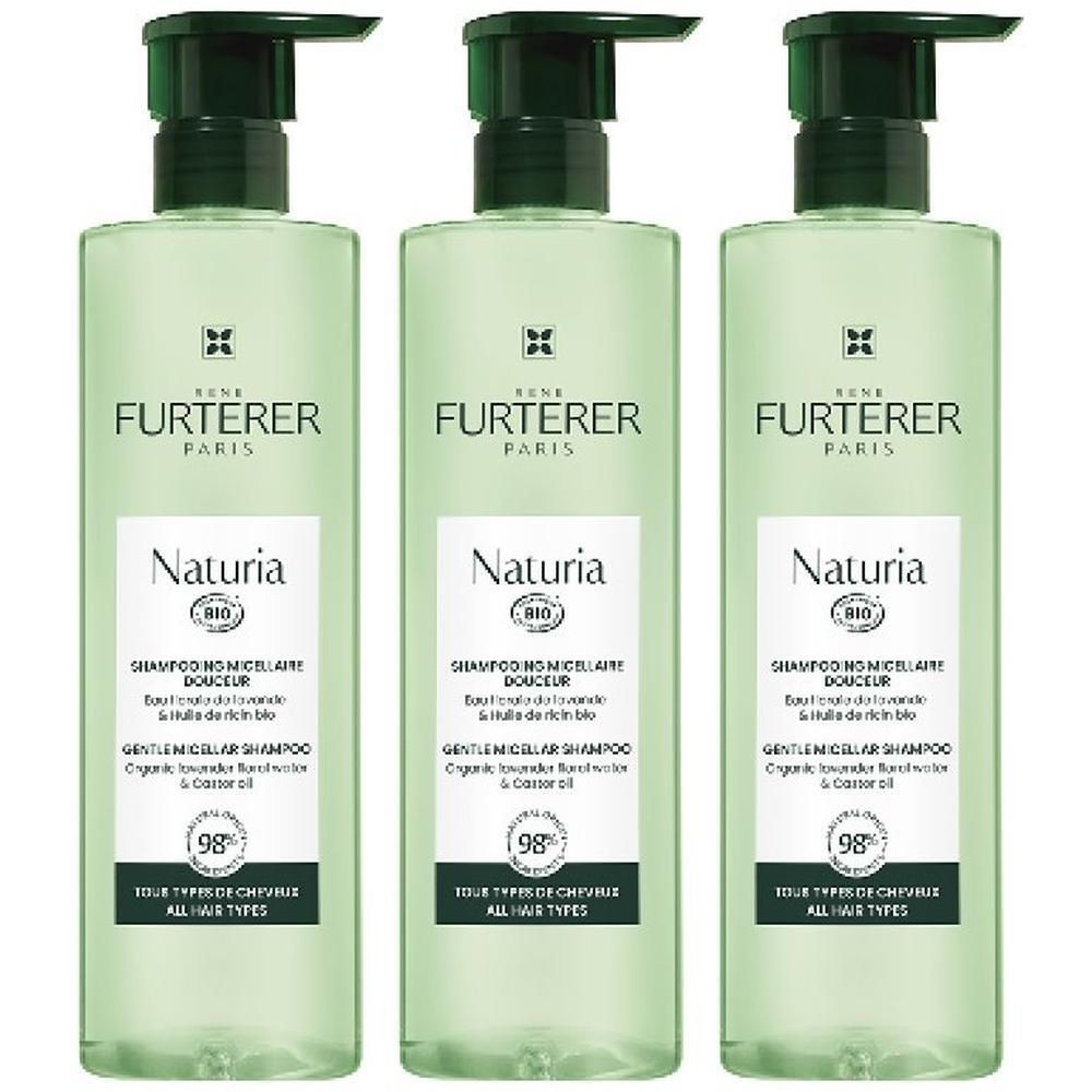 Drei Flaschen René Furterer Naturia Sanftes Mizellen-Shampoo mit Pumpspender.