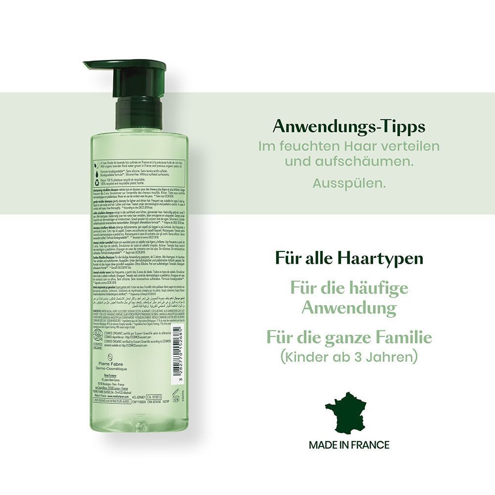 Rückseite René Furterer Naturia Sanftes Mizellen-Shampoo, Made in France.