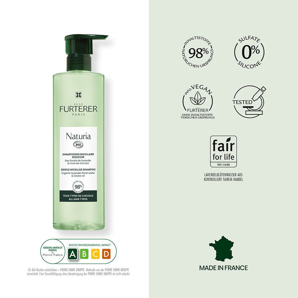 René Furterer Naturia Sanftes Mizellen-Shampoo mit Siegeln: 98% natürliche Inhaltsstoffe, 0% Sulfat.