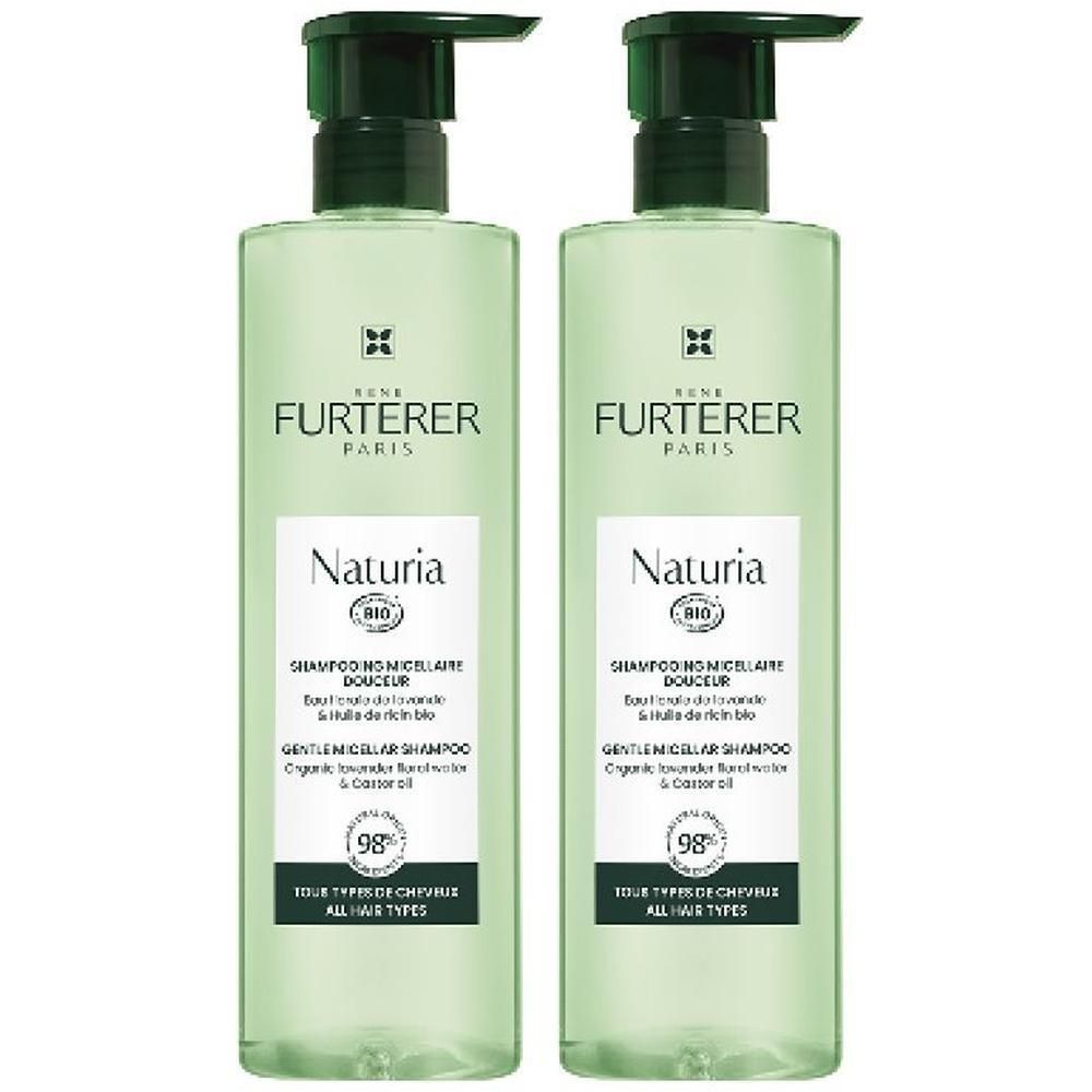 Zwei Flaschen René Furterer Naturia sanftes Mizellen-Shampoo mit Pumpspender.