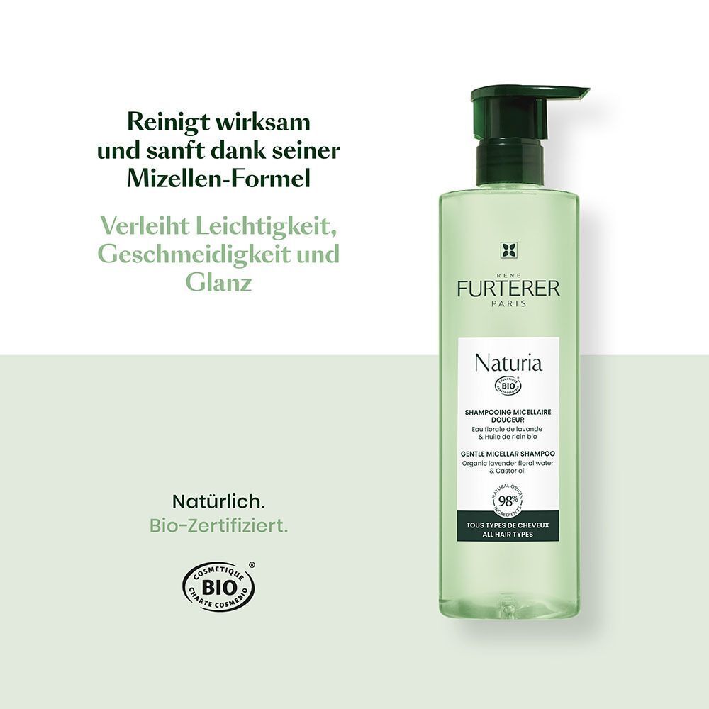 Eine Flasche René Furterer Naturia sanftes Mizellen-Shampoo mit Pumpspender und Text.