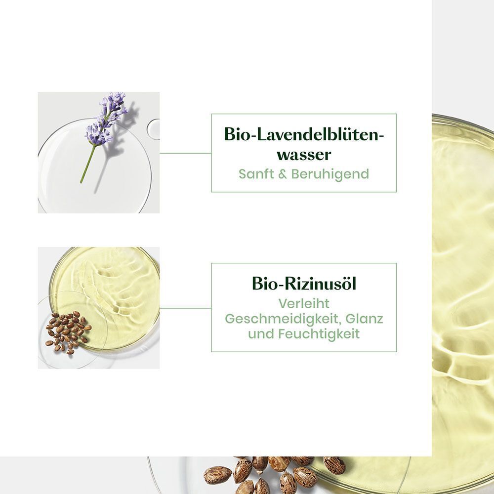 Bio-Lavendelblütenwasser und Bio-Rizinusöl als Inhaltsstoffe für Haarpflege.