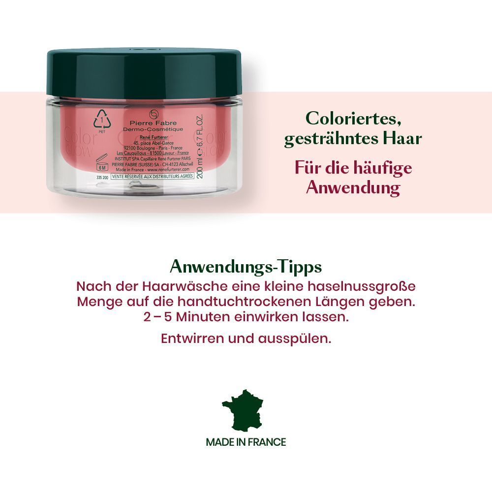 Rückseite eines Glases der Color Glow Reparierende Farbglanz-Maske mit Anwendungstipps.
