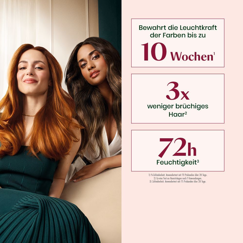 Zwei Frauen mit gepflegtem Haar neben Textfeldern zu Farbe, Brüchigkeit und Feuchtigkeit.