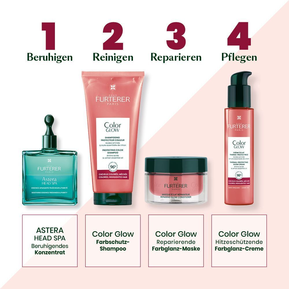 Vier René Furterer Produkte: Konzentrat, Shampoo, Maske und Creme für die Haarpflege.