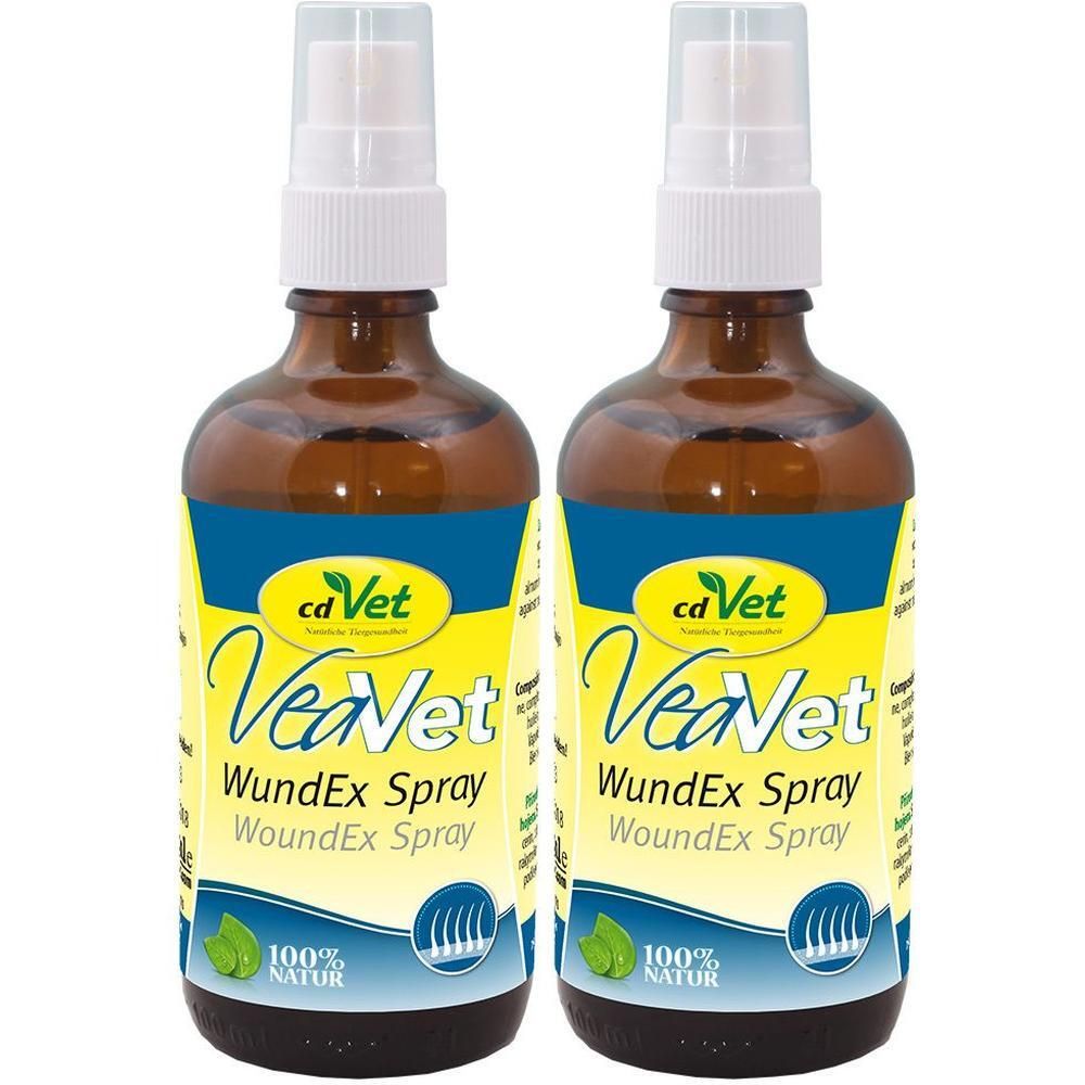 Zwei braune Sprühflaschen mit gelbem Etikett, beschriftet mit 'cd Vet VeaVet WundEx Spray'.