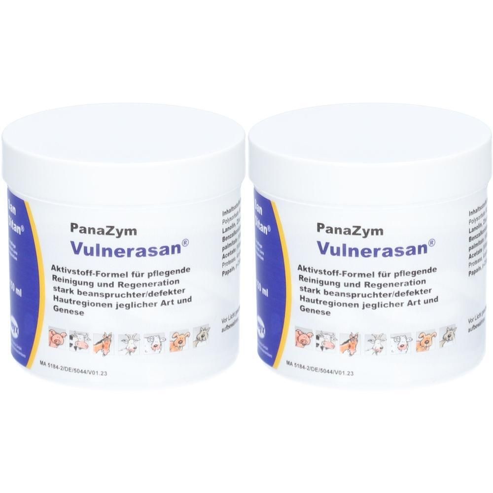 Zwei weiße Tiegel mit PanaZym Vulnerasan® Aufschrift. Aktivstoff-Formel für pflegende Reinigung und Regeneration.