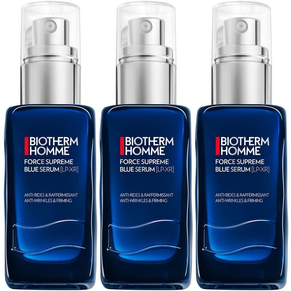 Drei Flaschen Biotherm Force Supreme Blue Serum mit Pumpspendern.