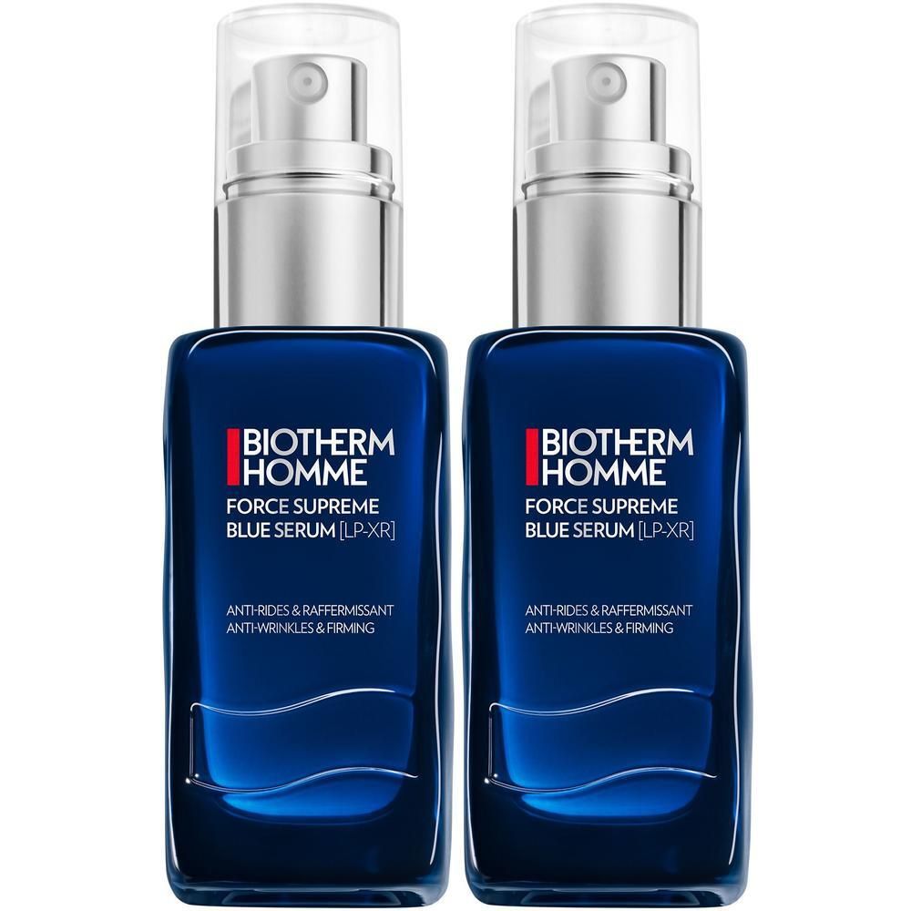Zwei Flaschen Biotherm Force Supreme Blue Serum mit Pumpspendern.