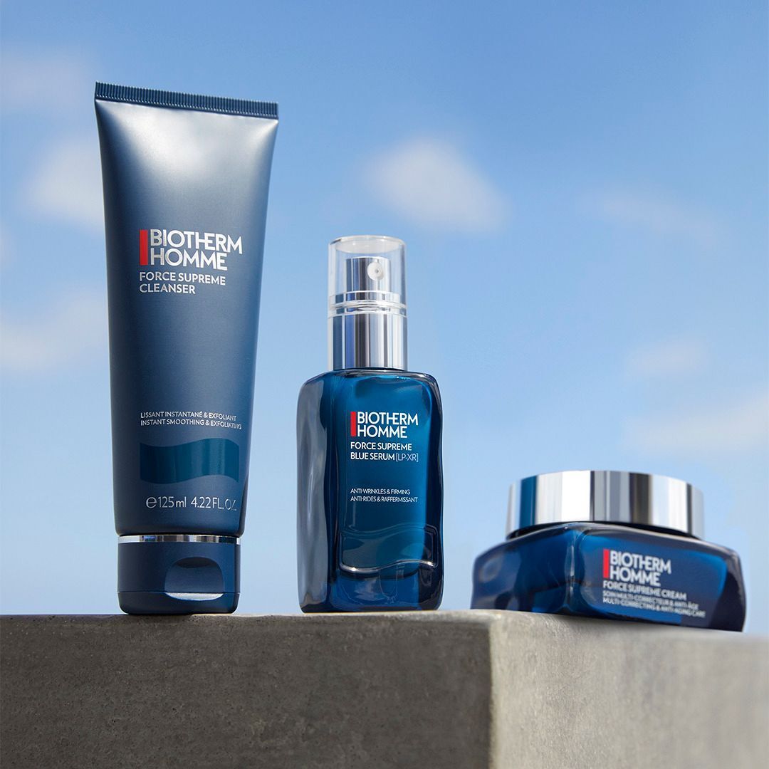 Biotherm Force Supreme Hautpflegeprodukte: Reinigung, Serum und Creme.