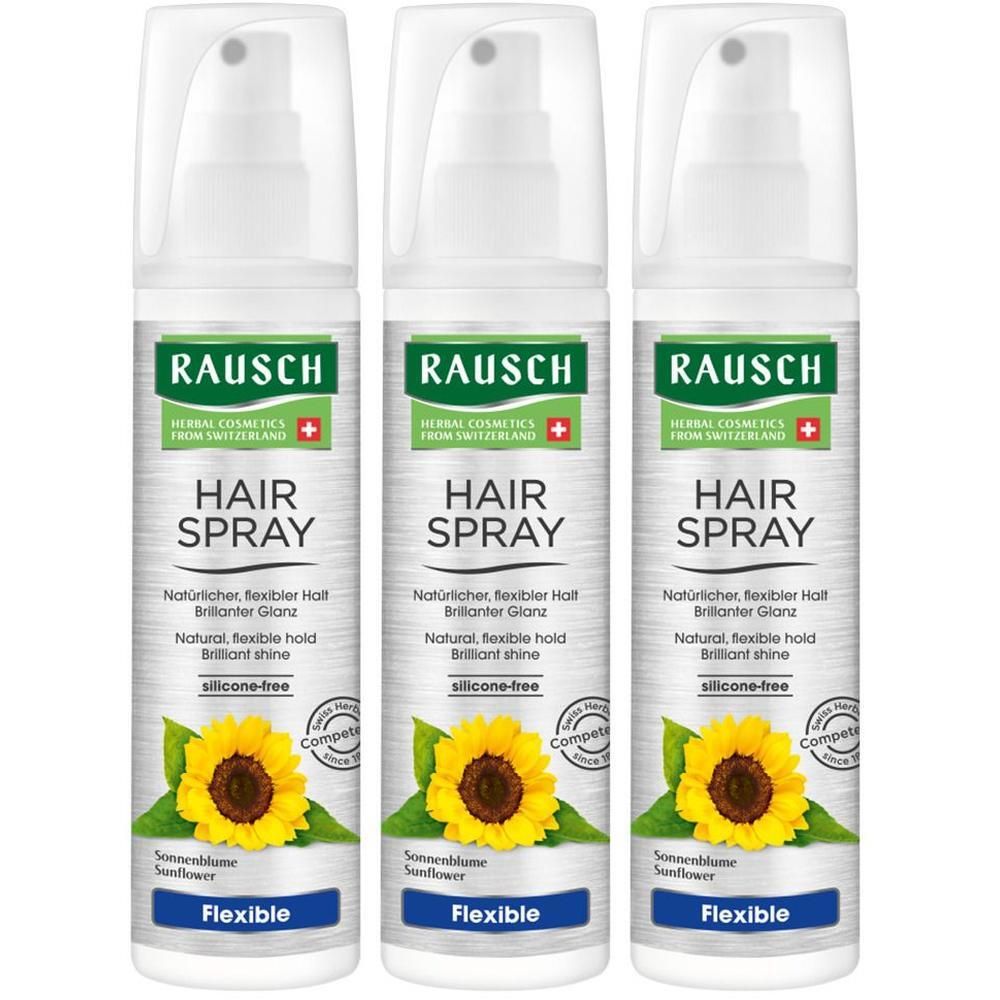 Drei RAUSCH Haarspray-Flaschen mit Sonnenblumenmotiv. Flexible Halt, silikonfrei.