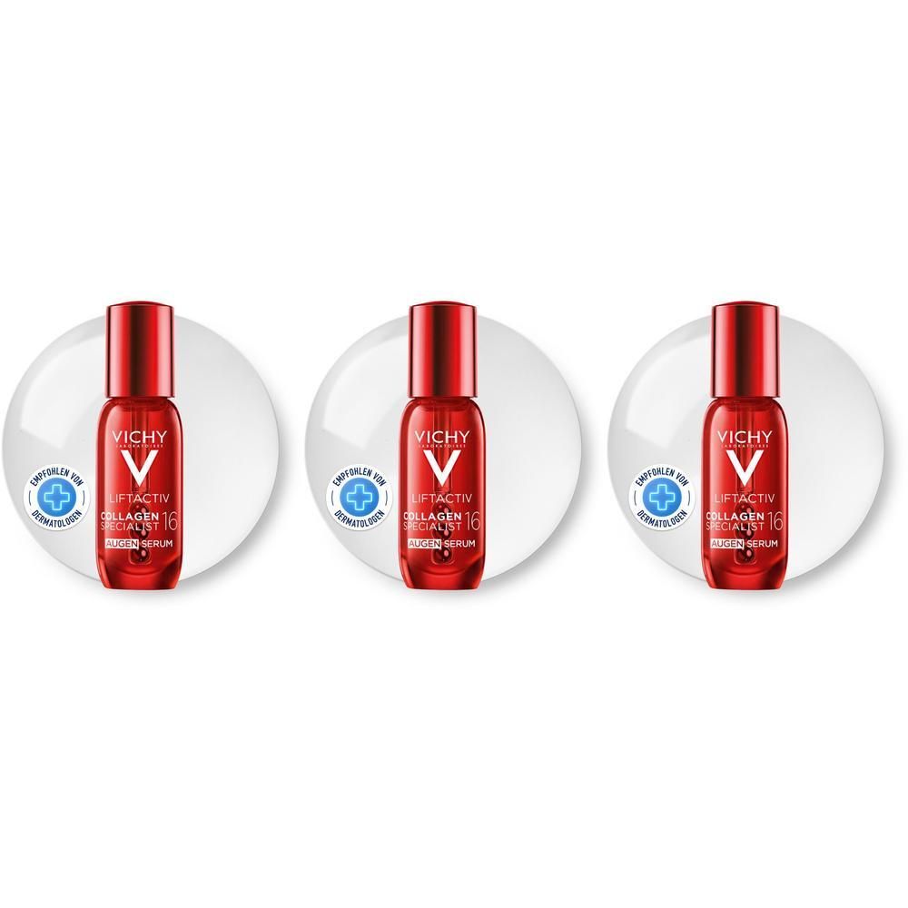 Drei rote Vichy Liftactiv Collagen Specialist 16 Augenserum Fläschchen mit Applikator.