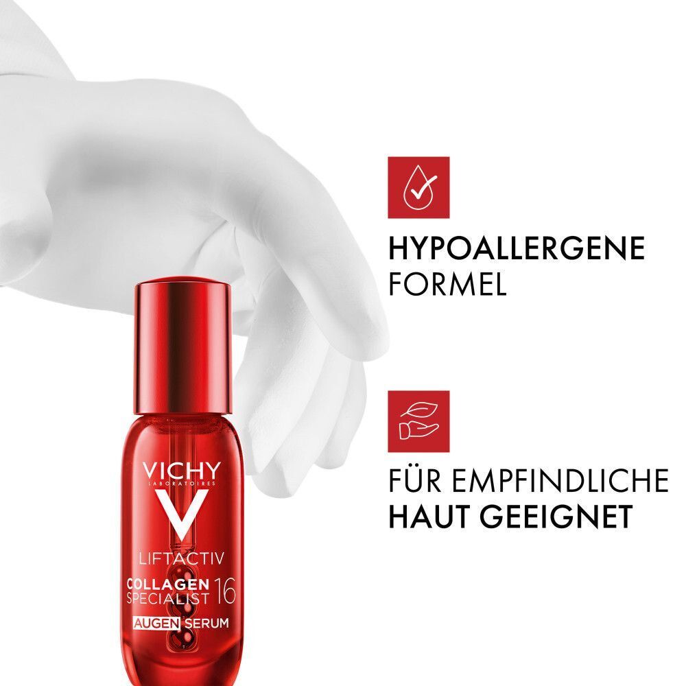 Vichy Liftactiv Collagen Specialist 16 Augenserum mit Text zu hypoallergener Formel.