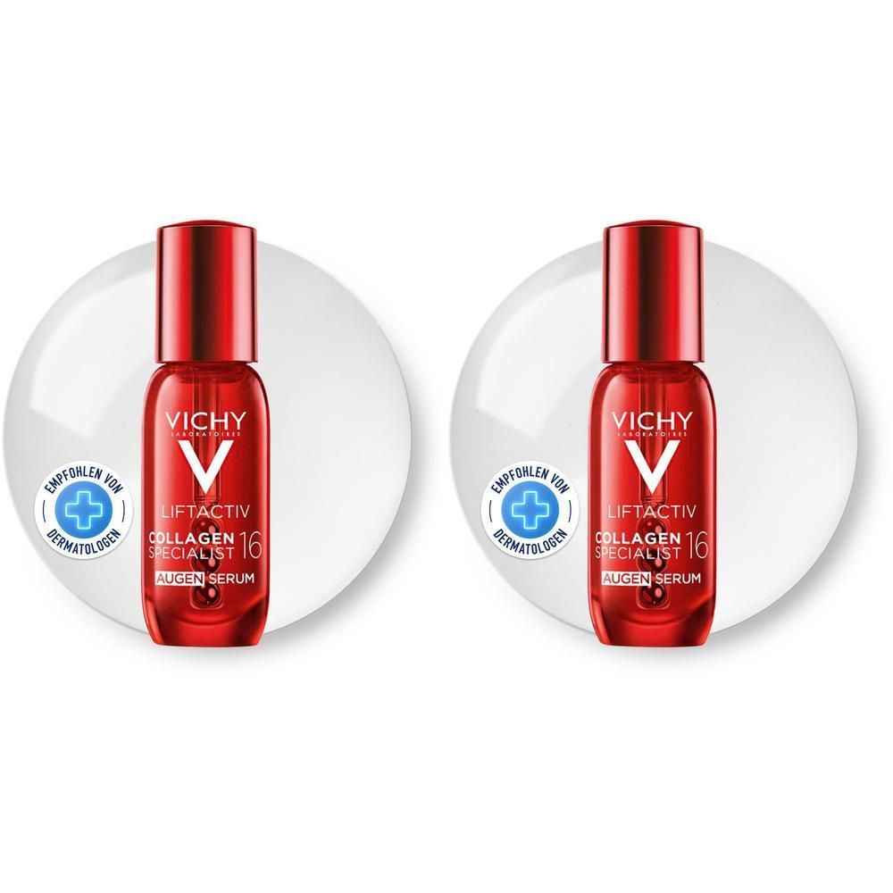 Zwei Vichy Liftactiv Collagen Specialist 16 Augen Serums in roten Flakons mit Applikator.