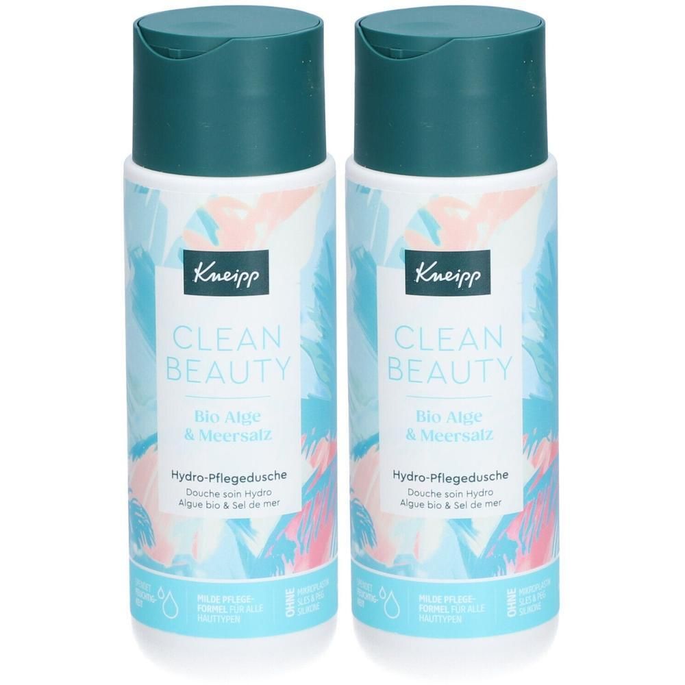 Zwei Flaschen Kneipp Clean Beauty Hydro Pflegedusche Bio Alge & Meersalz mit türkisfarbenen Klappverschlüssen und floralem Muster.