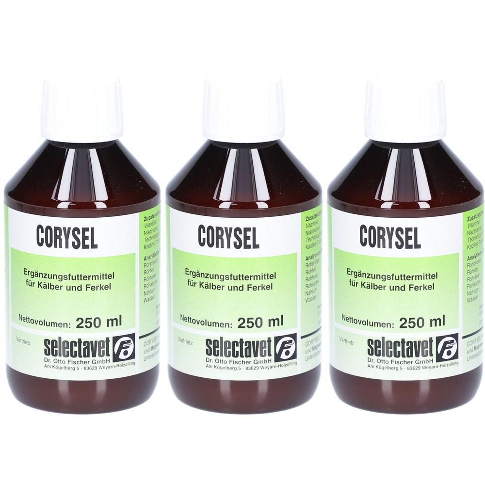 Drei braune Glasflaschen mit weißem Schraubverschluss, jeweils 250 ml, mit Etikett "CORYSEL".