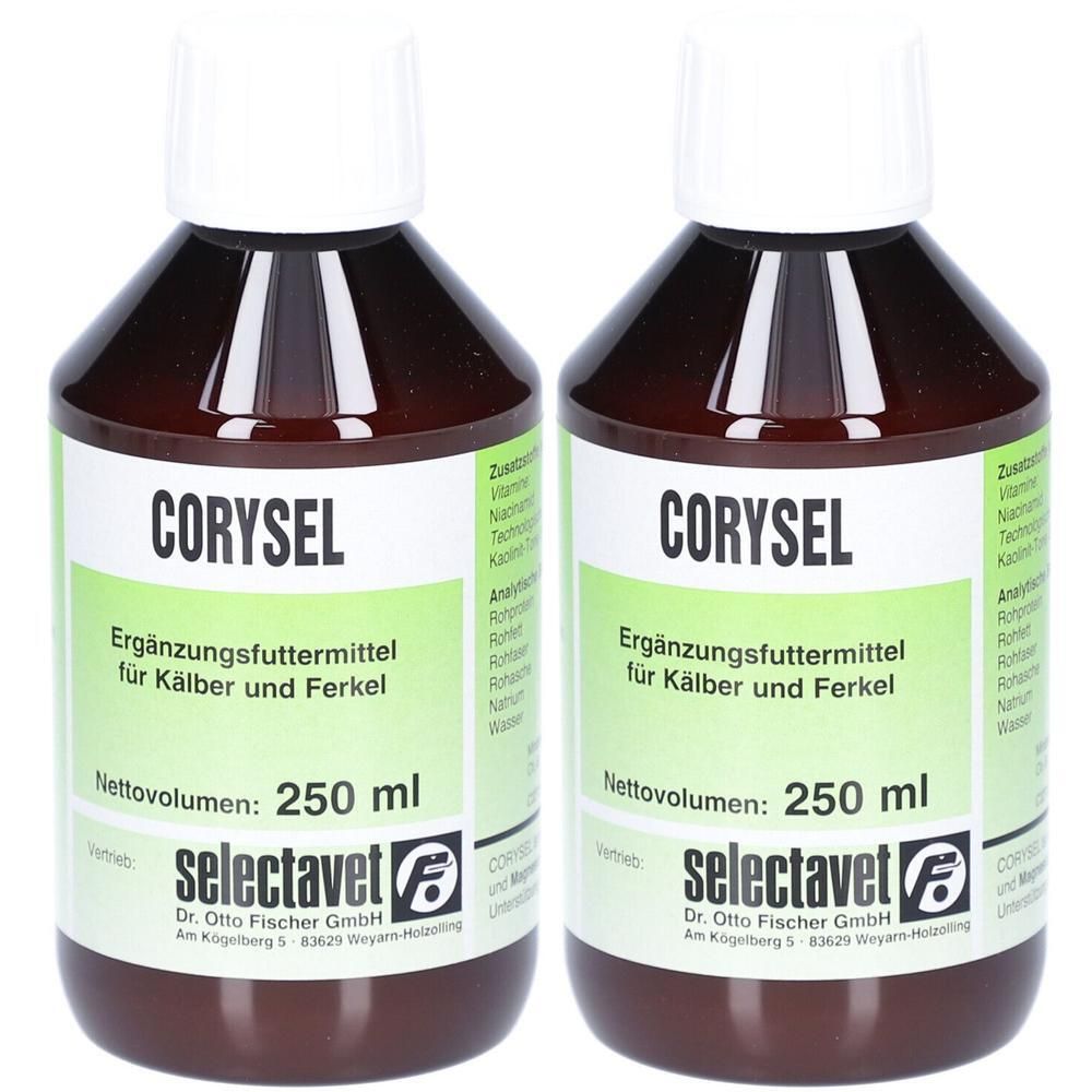 Zwei braune Glasflaschen mit weißem Schraubverschluss, gefüllt mit flüssigem Ergänzungsfuttermittel. Etikett mit "CORYSEL" und "selectavet".