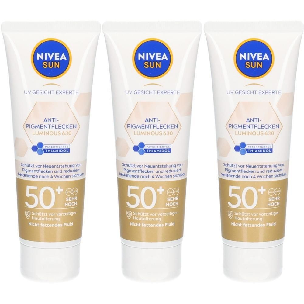 Drei Tuben NIVEA SUN UV Gesicht Experte Anti-Pigmentflecken Luminous 630 mit LSF 50+.
