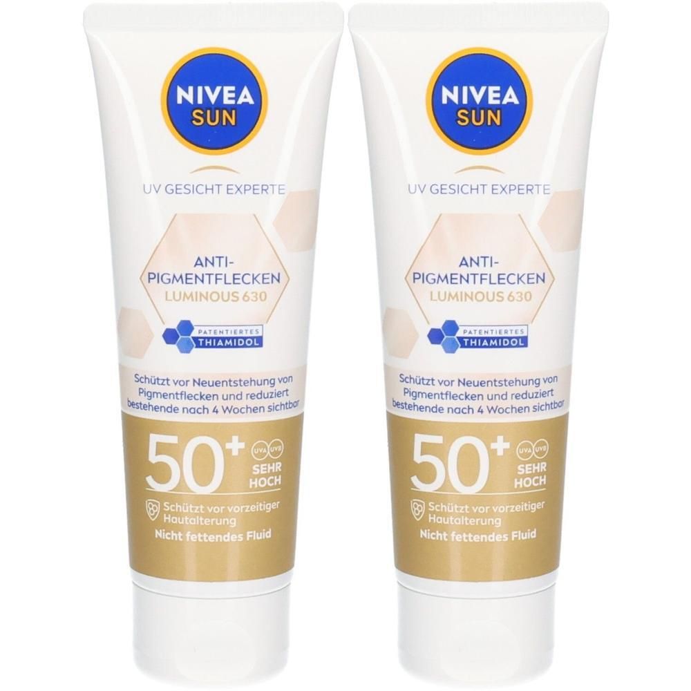 Zwei NIVEA SUN UV Gesicht Experte Anti-Pigmentflecken Luminous 630 Sonnenschutz-Tuben, LSF 50+.