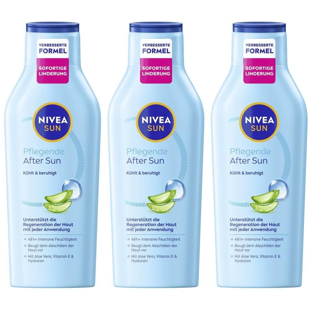 Drei Flaschen NIVEA SUN Pflegende After Sun Lotion mit Aloe Vera und Hyaluron.