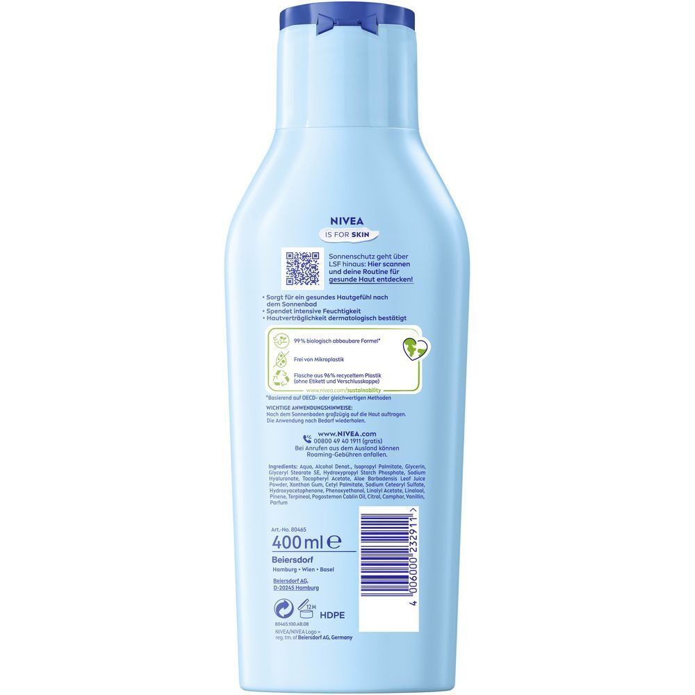 Rückseite einer Flasche NIVEA SUN Pflegende After Sun Lotion mit 400ml Angabe und Inhaltsstoffen.