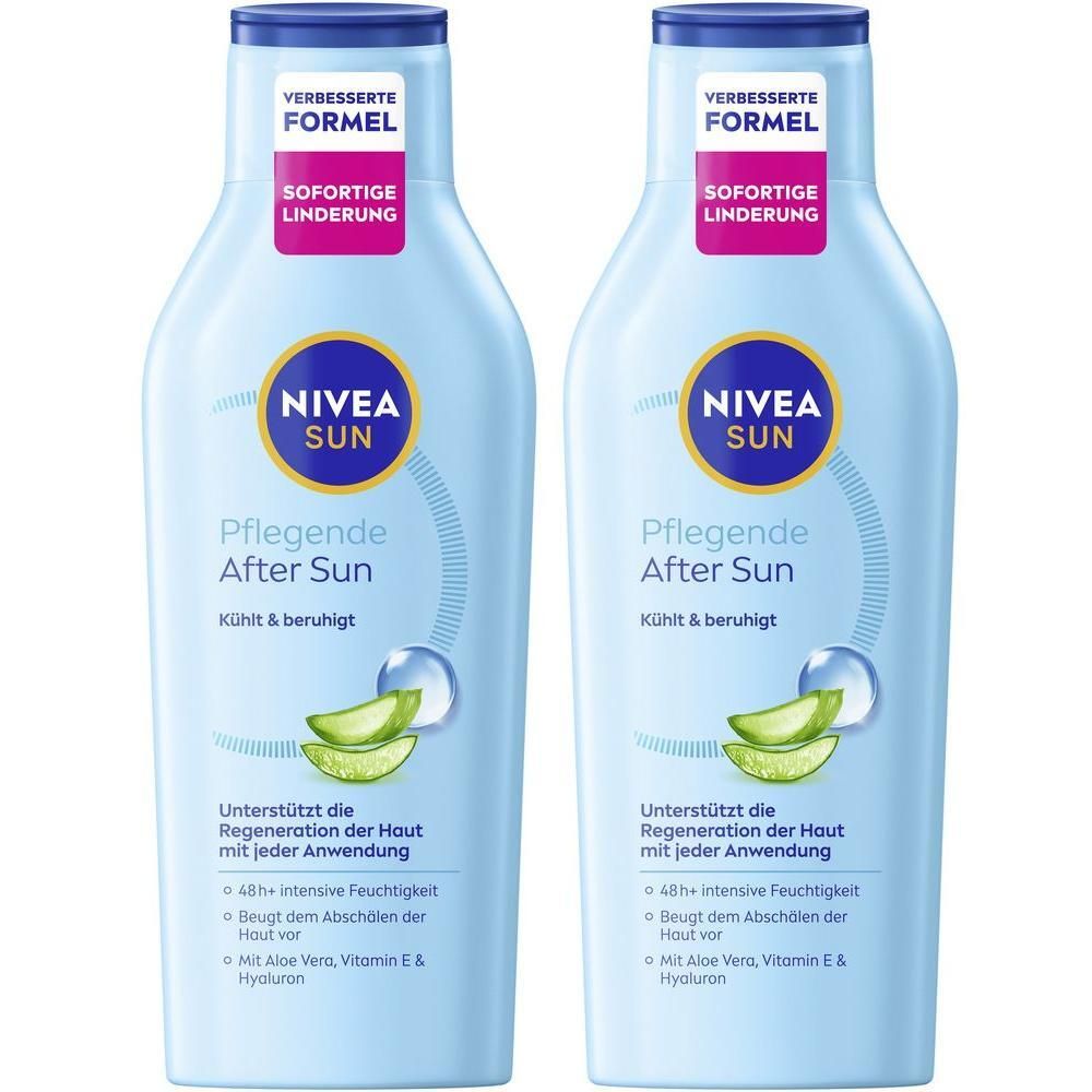 Zwei Flaschen NIVEA SUN Pflegende After Sun Lotion mit Aloe Vera und Hyaluron.
