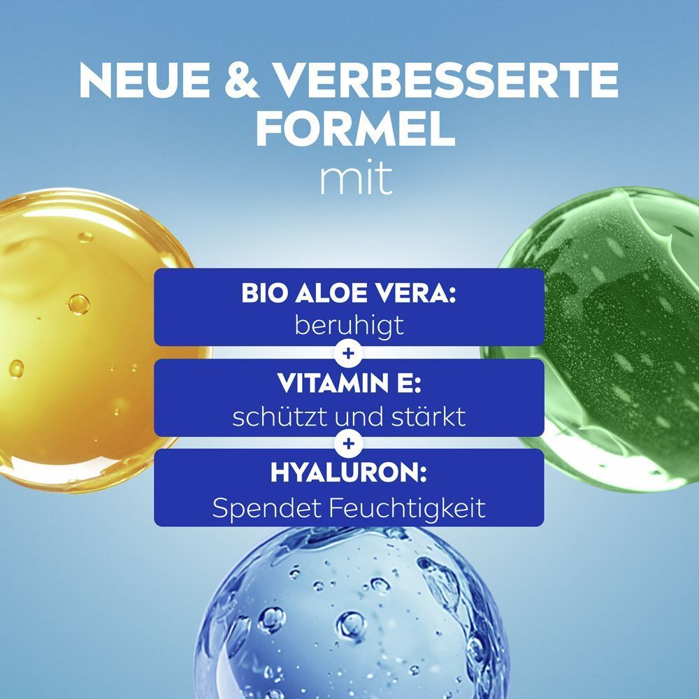 Neue Formel mit Bio Aloe Vera, Vitamin E und Hyaluron für beruhigte, geschützte und feuchtigkeitsspendende Haut.
