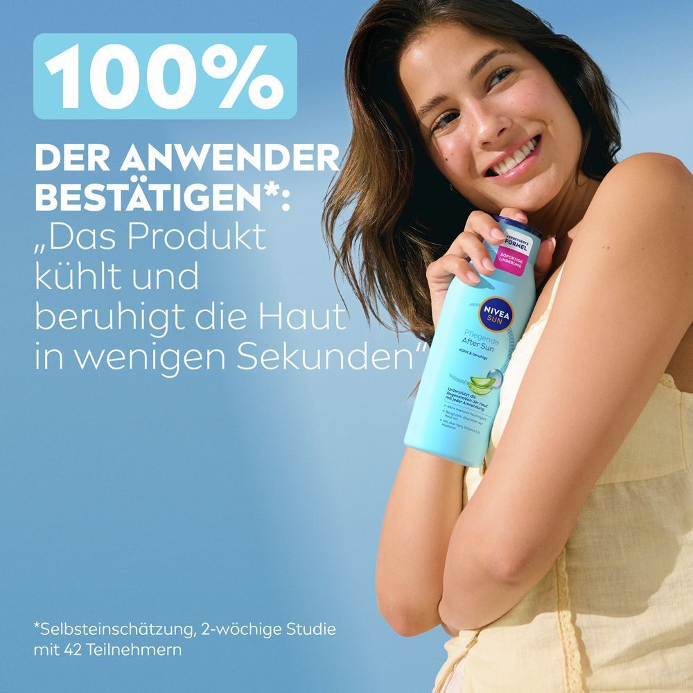 Frau hält NIVEA SUN Pflegende After Sun Lotion. Anwender bestätigen kühlende und beruhigende Wirkung.