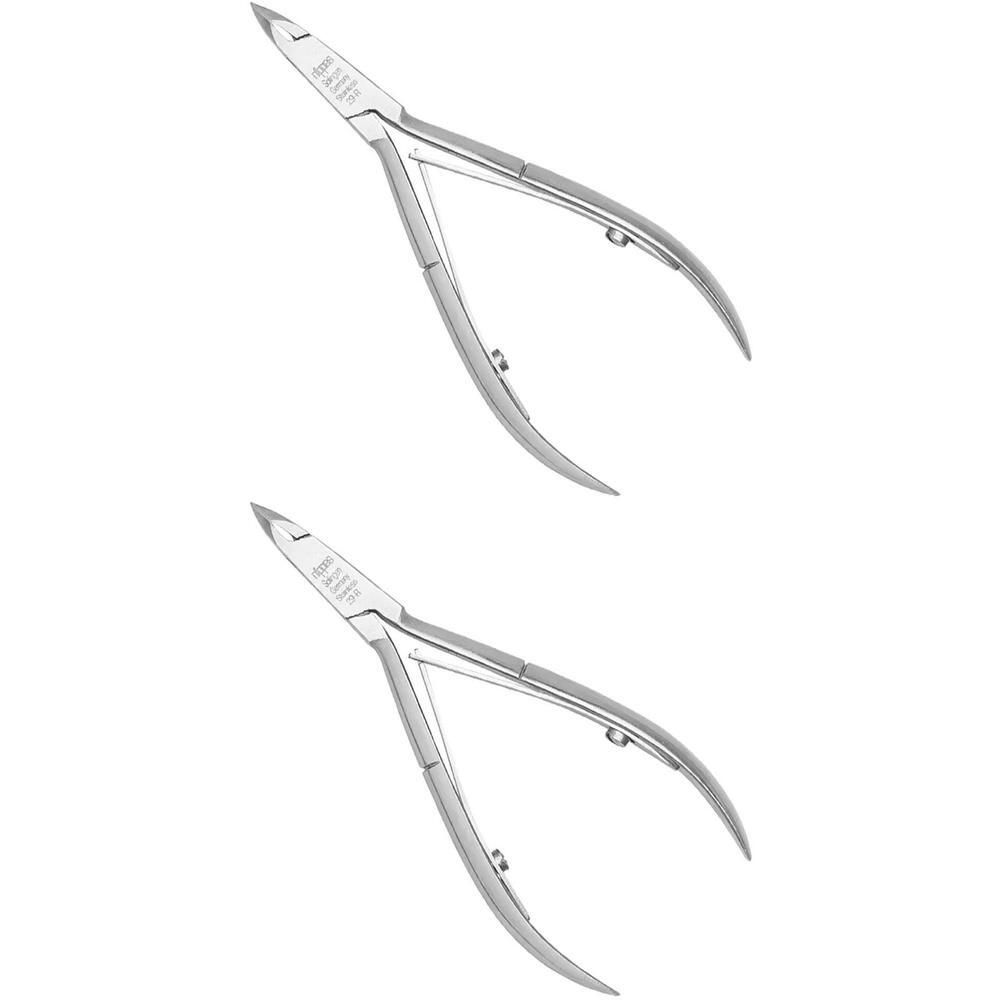 Zwei rostfreie Nippes-Hautzangen mit gebogenen Klingen und ergonomischen Griffen.