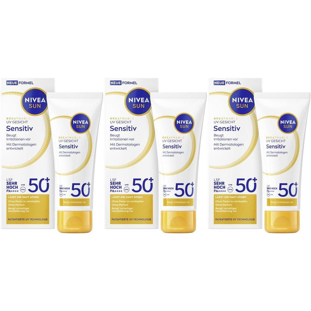 Sechs Tuben NIVEA SUN UV Gesicht Sensitiv LSF 50+ in weiß-gelber Verpackung.