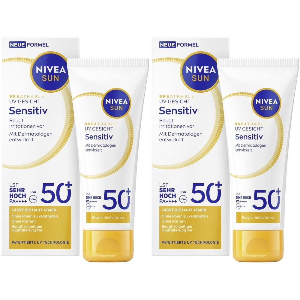 Zwei Tuben NIVEA SUN Breathable UV Gesicht Sensitiv LSF 50+.