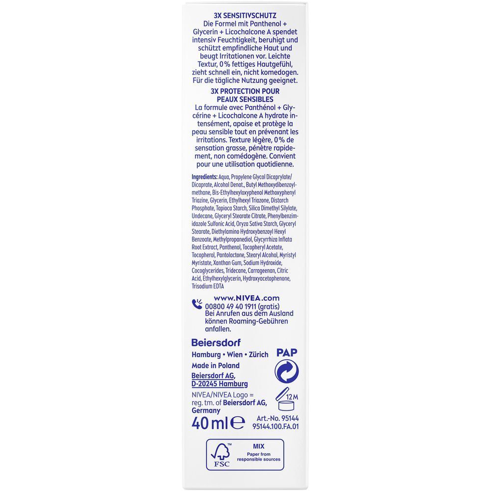 Rückseite einer NIVEA SUN Breathable UV Gesicht Sensitiv Tube mit Inhaltsstoffen und Herstellerangaben.