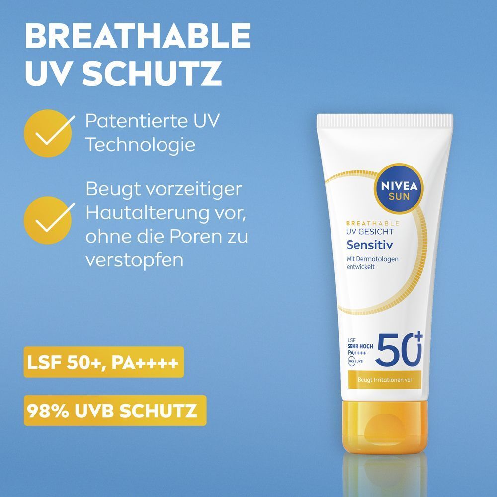 Tube NIVEA SUN Breathable UV Gesicht Sensitiv LSF 50+, mit patentierter UV-Technologie.