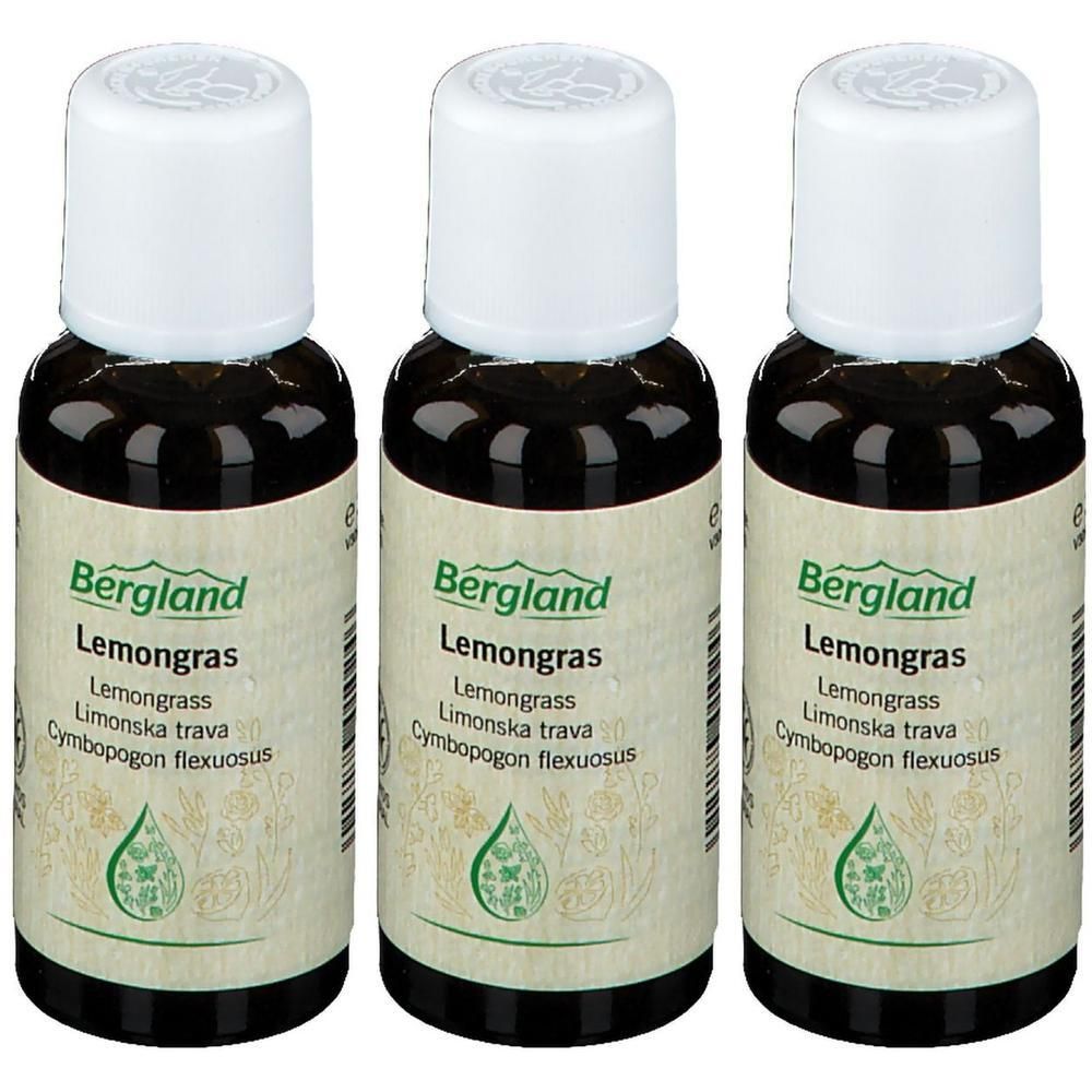 Drei Flaschen Bergland Lemongrasöl mit weißen Verschlüssen und Etiketten.