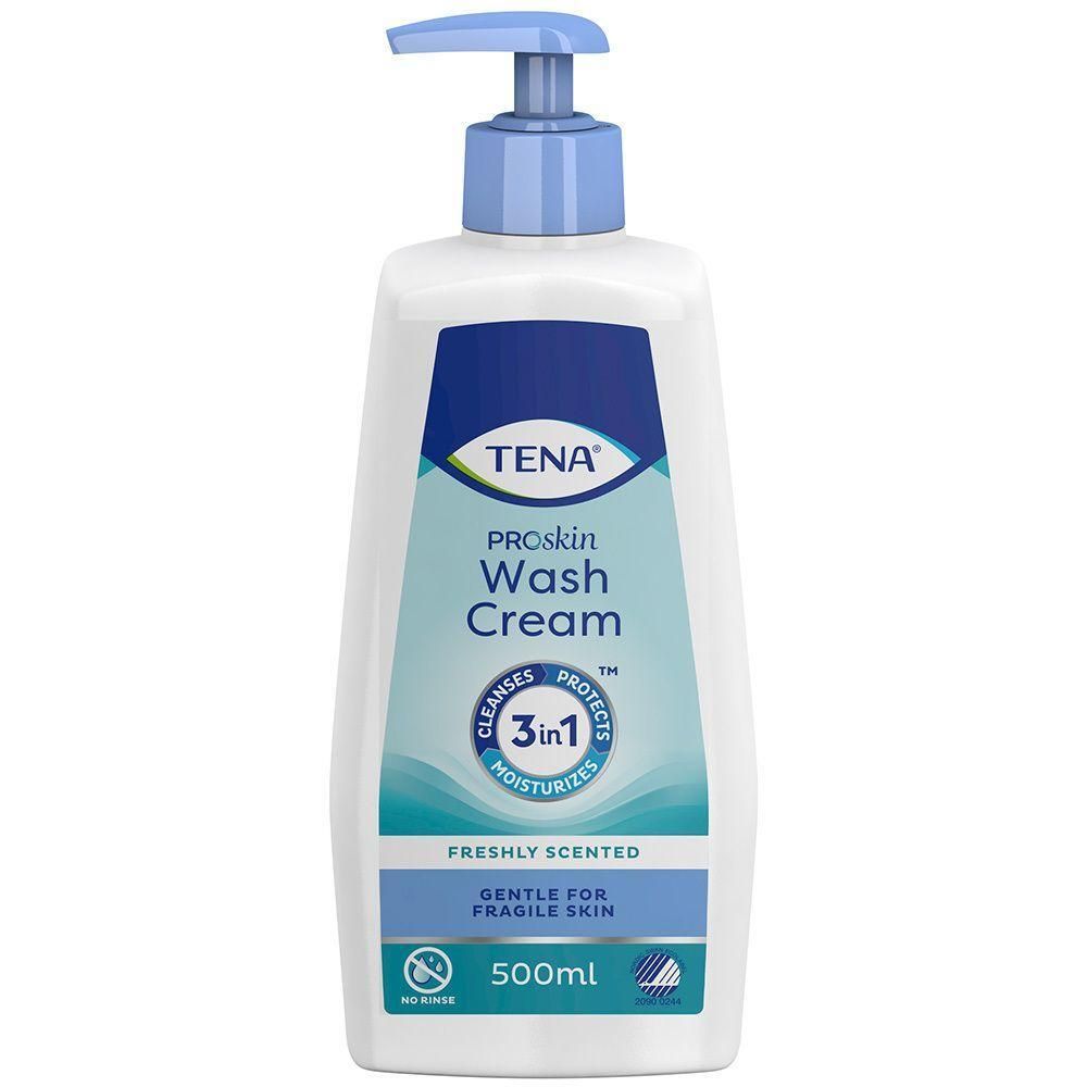 TENA 3-in-1 ProSkin Waschcreme in weißer Pumpflasche, 500ml. Für empfindliche Haut.