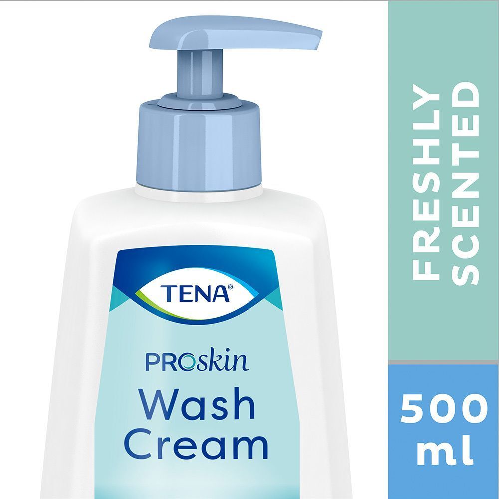 Nahaufnahme der TENA 3-in-1 ProSkin Waschcreme Flasche, 500ml. Frisch duftend.