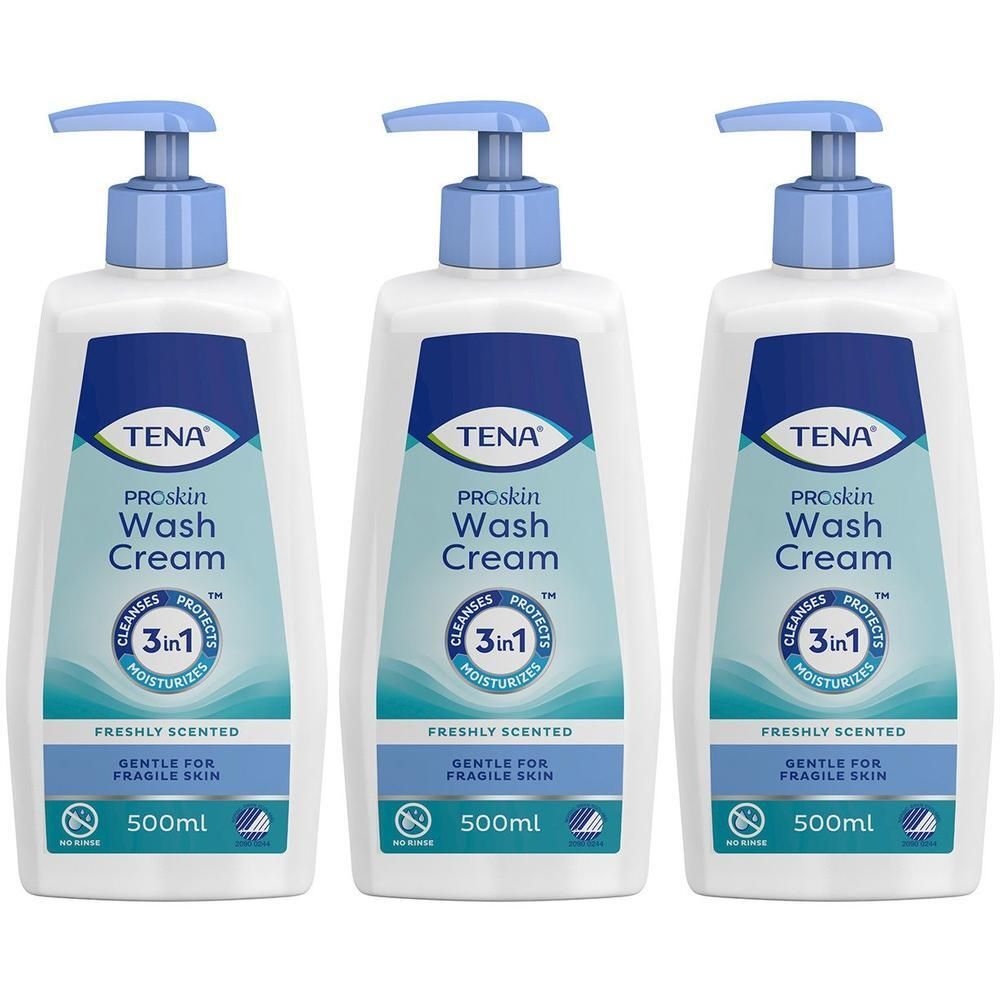 Drei Flaschen TENA Proskin 3-in-1 Waschcreme mit Pumpdosierer, 500ml.