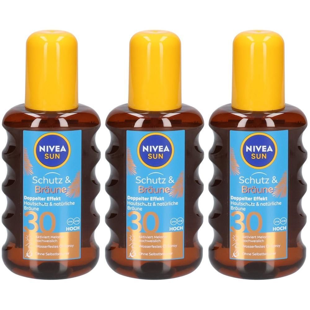 Drei NIVEA SUN Schutz & Bräune Öl-Spray Flaschen mit LSF 30. Braune Flaschen mit gelben Verschlüssen.
